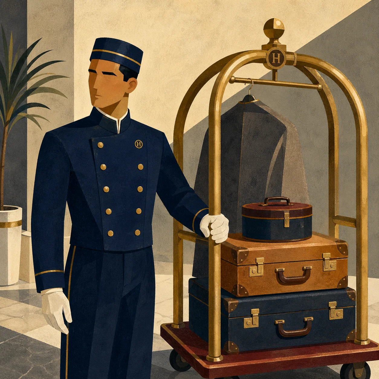 Bellboy con carrito de equipaje en lobby
